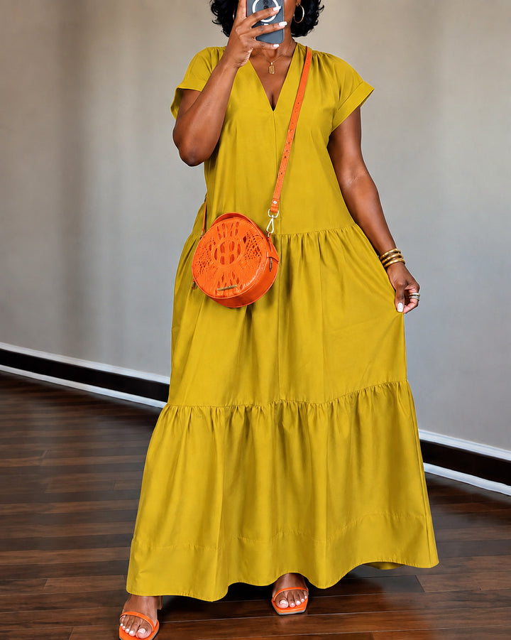 Solid Color V-neck Short-sleeved Dress with Ruffled Hem