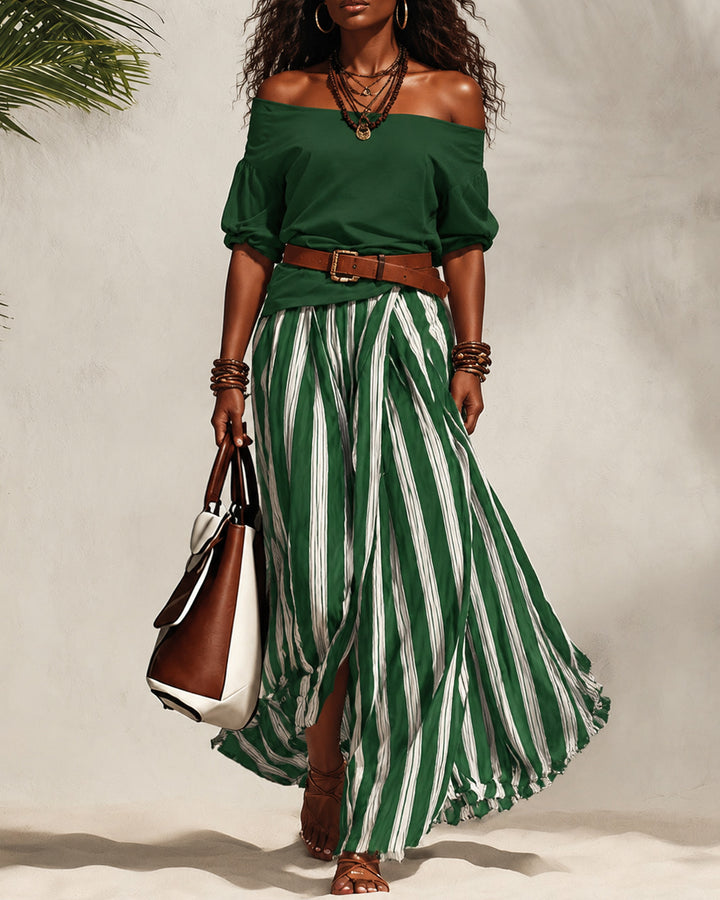 Off Shoulder Puff Sleeve Top & Striped Midi Skirt Two-Piece Set Includes Belt