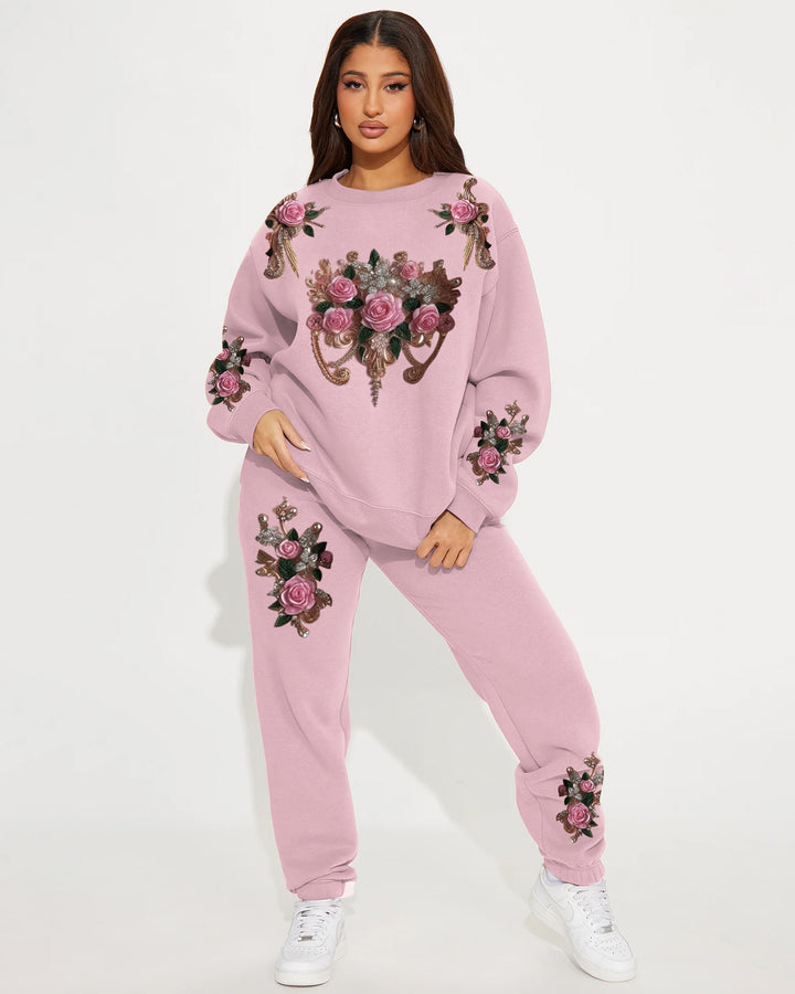 Elegant Diamond Flowers Crew Neck Sweatshirt Two Pieces Set