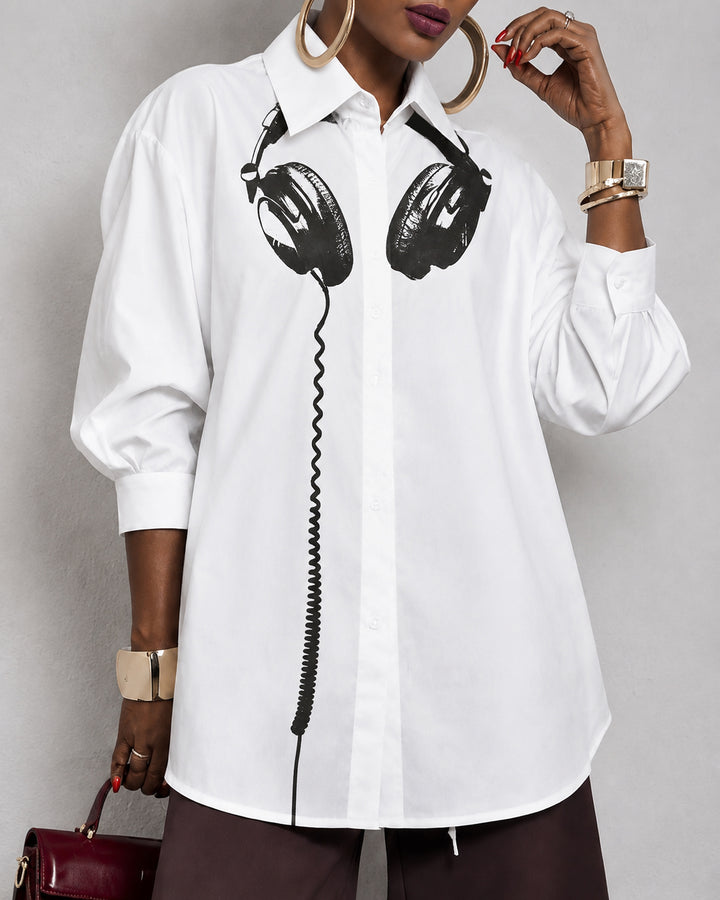 Loose Three-Quarter Sleeves Buttoned Headphone Printed Lapel Blouses&Shirts Tops