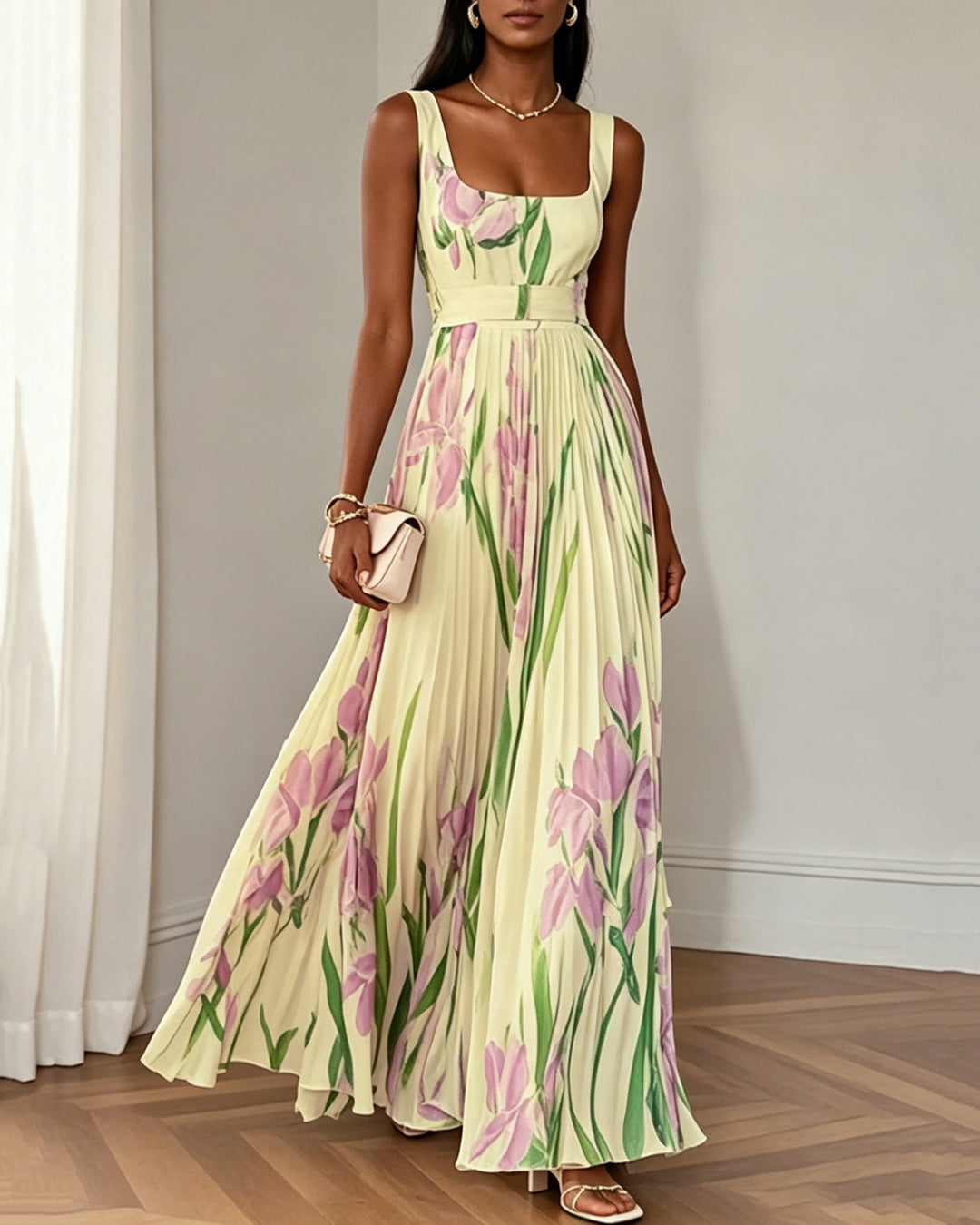 Square Neck Sleeveless Floral Pleated Dress