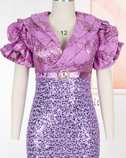 Plus Size Ruffle Puff Short Sleeve Lapel V‑Neck Formal Evening Dress with Rhinestone Belt