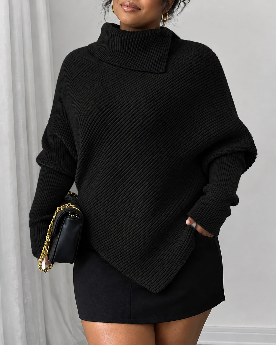 Women Asymmetric Hem Turtleneck Sweater