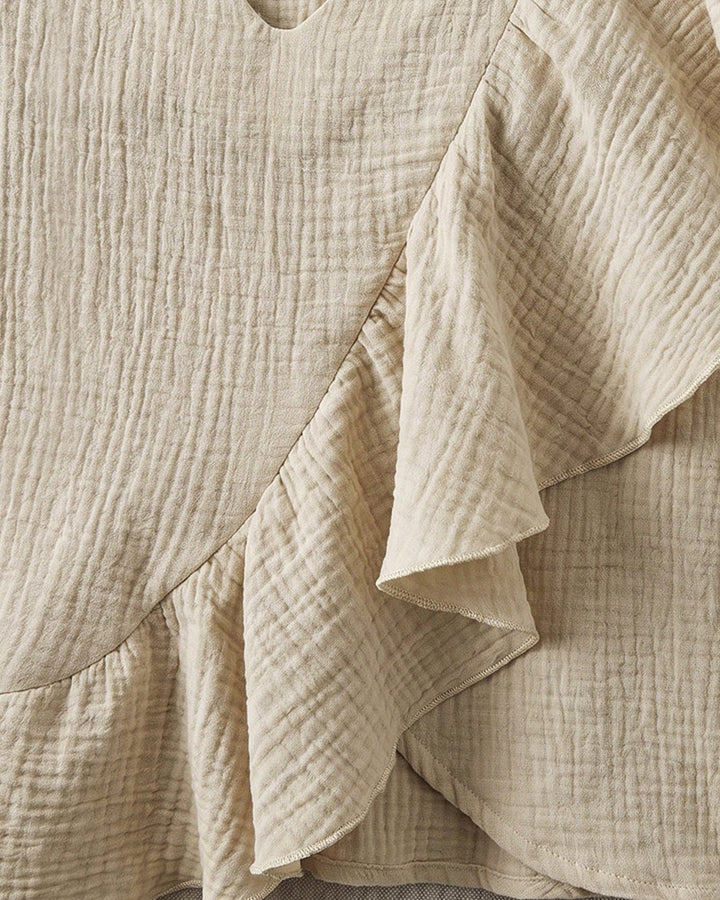 Cotton Linen V-neck Ruffled Loose Mid-length Sleeve Shirt