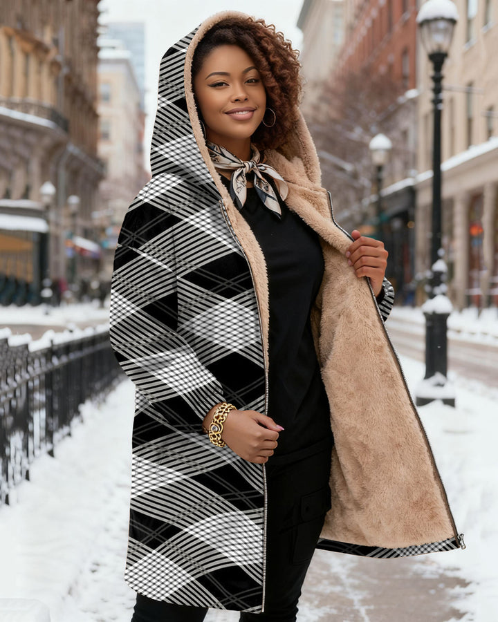 Black and White Stripes Long Sleeve Zip-Up Fleece Long Hoodies