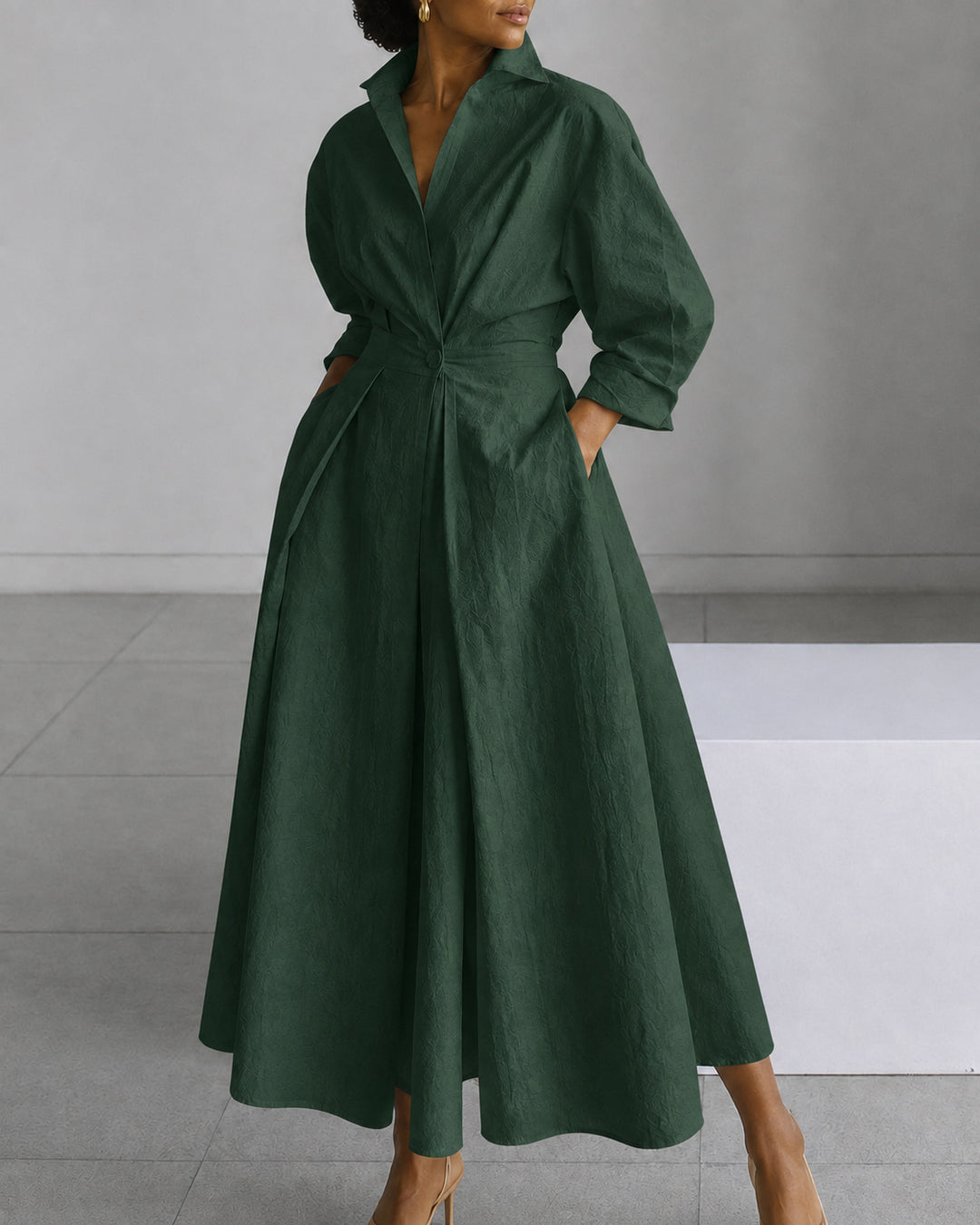 Women's Modest  Long Sleeve Pocket-Equipped Midi Dress