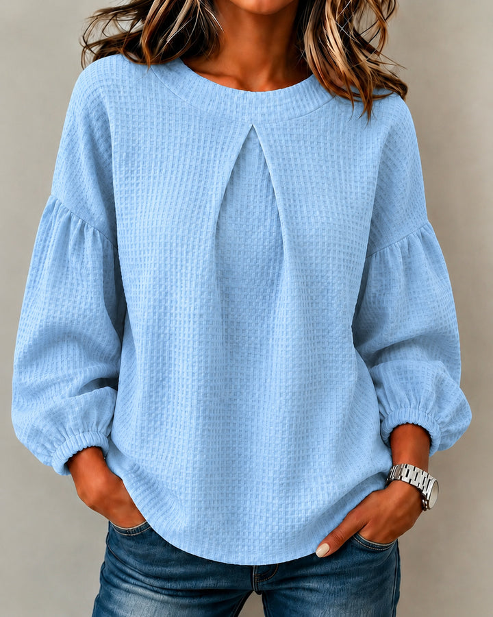 Lantern Sleeve Waffle Knit Round Neck Solid Color Long-sleeved Top