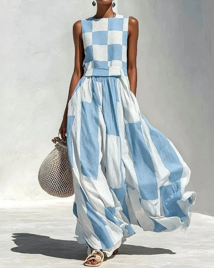 Fun Plaid Color Block Sleeveless High Waist Flared Maxi Dress
