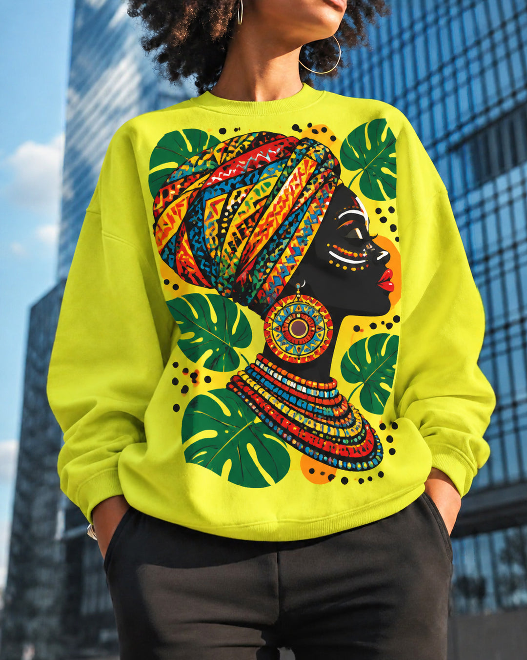 Headwrap Woman Art Graphic Round Neck Sweatshirt