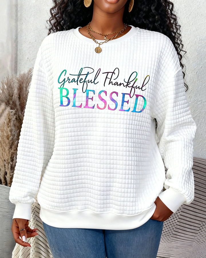 Grateful Thankful and Blessed Waffle Crewneck Long Sleeve Sweatshirt