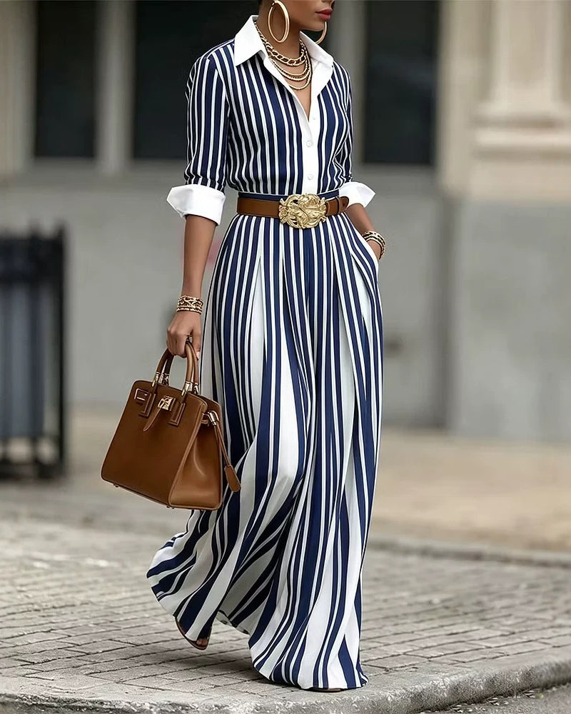 A-Line Loose Buttoned Contrast Color No Belt Striped Lapel Maxi Dresses