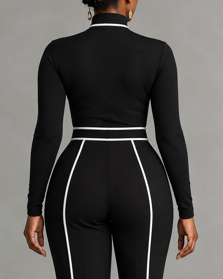 Women's 2 Piece Outfit Minimalist Cropped Turtleneck Top+High-waisted Striped Wide-leg Trousers