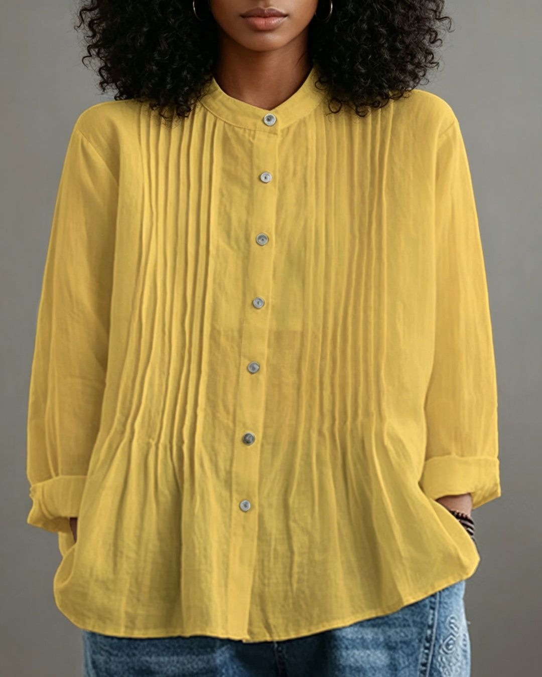 Casual Solid Color Pleated Long Sleeve Shirt