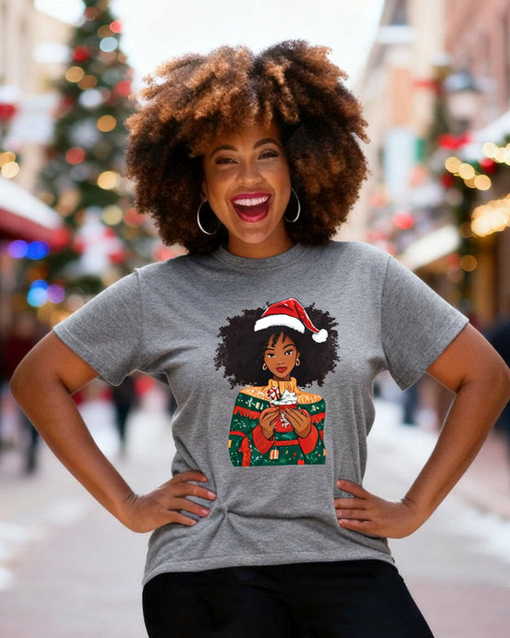 Merry Christmas Santa Black Girl Cotton Short Sleeve Tshirt
