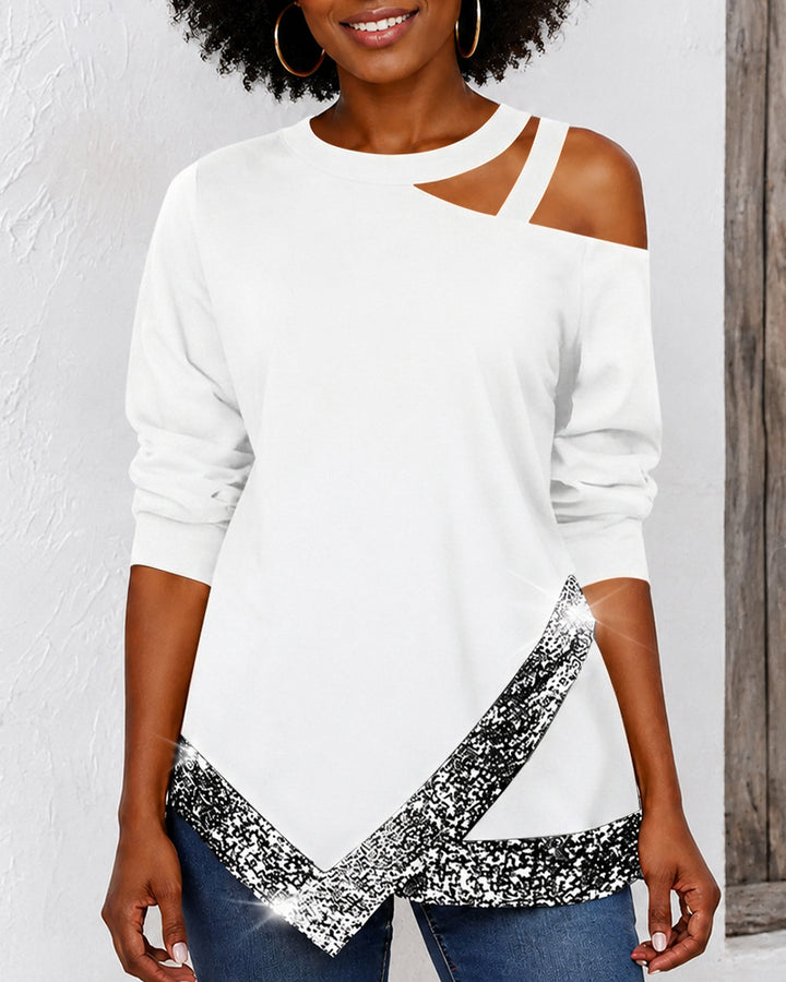Off-shoulder Irregular Sequined Long-sleeved Casual Top