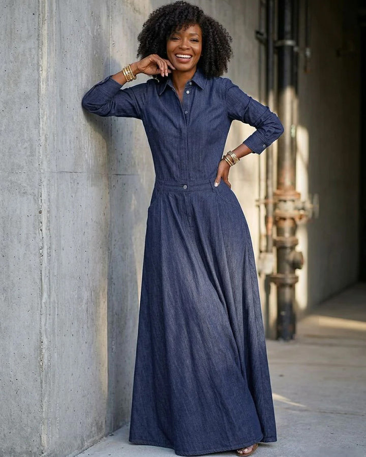 Split-Joint Solid Color Pockets Buttoned Long Sleeves High Waisted Lapel Maxi Dresses