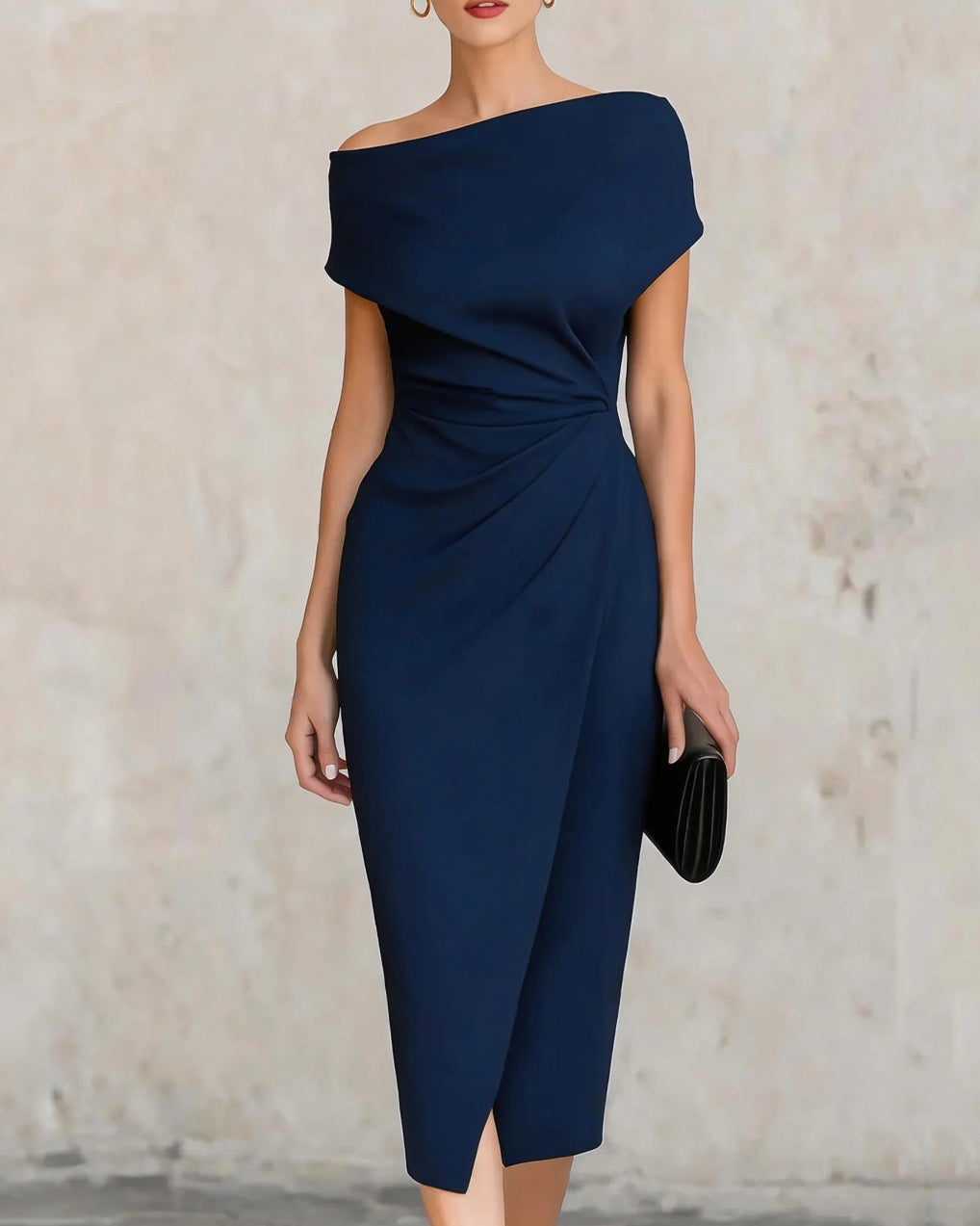 Off Shoulder Waist Cinched Ruched Slit Hem Midi Dress