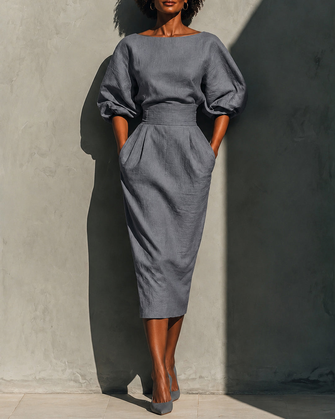 Off Shoulder Puff Sleeve High Waist Ruched Dress