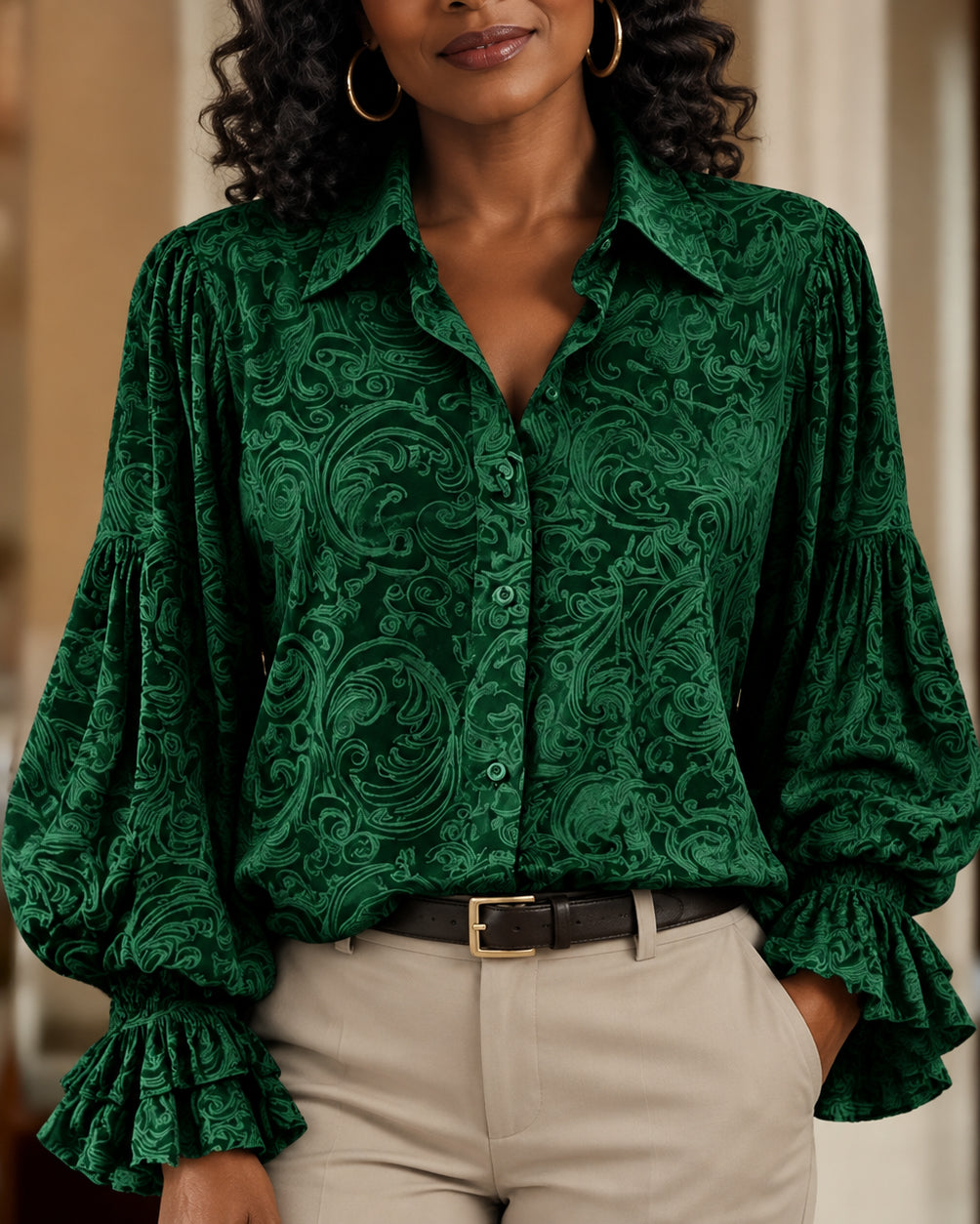 Vintage Floral Print Lantern Sleeve Velvet Top Casual Shirts