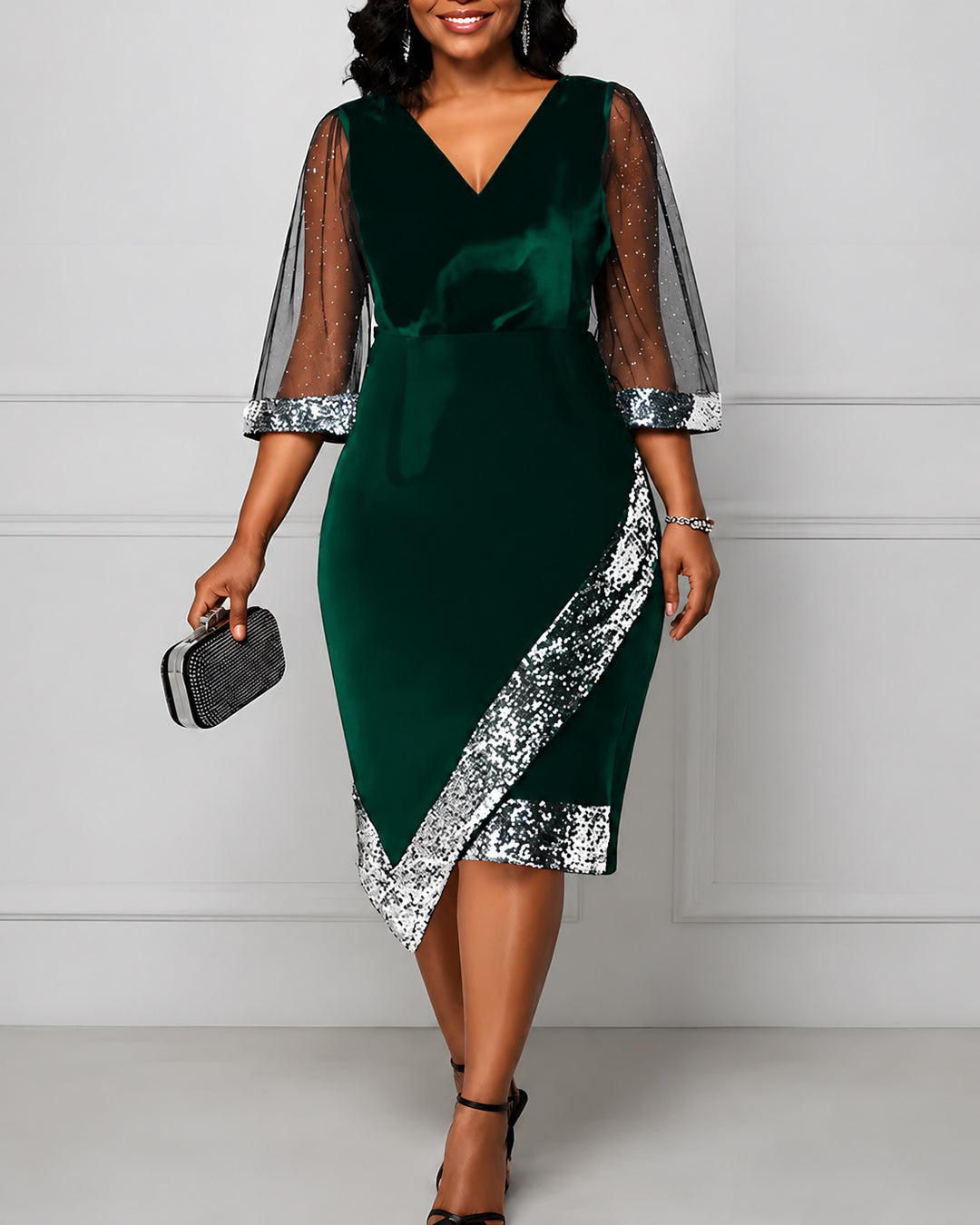 Women's Gold Velvet Irregular Sequins See-through Mesh Dress
