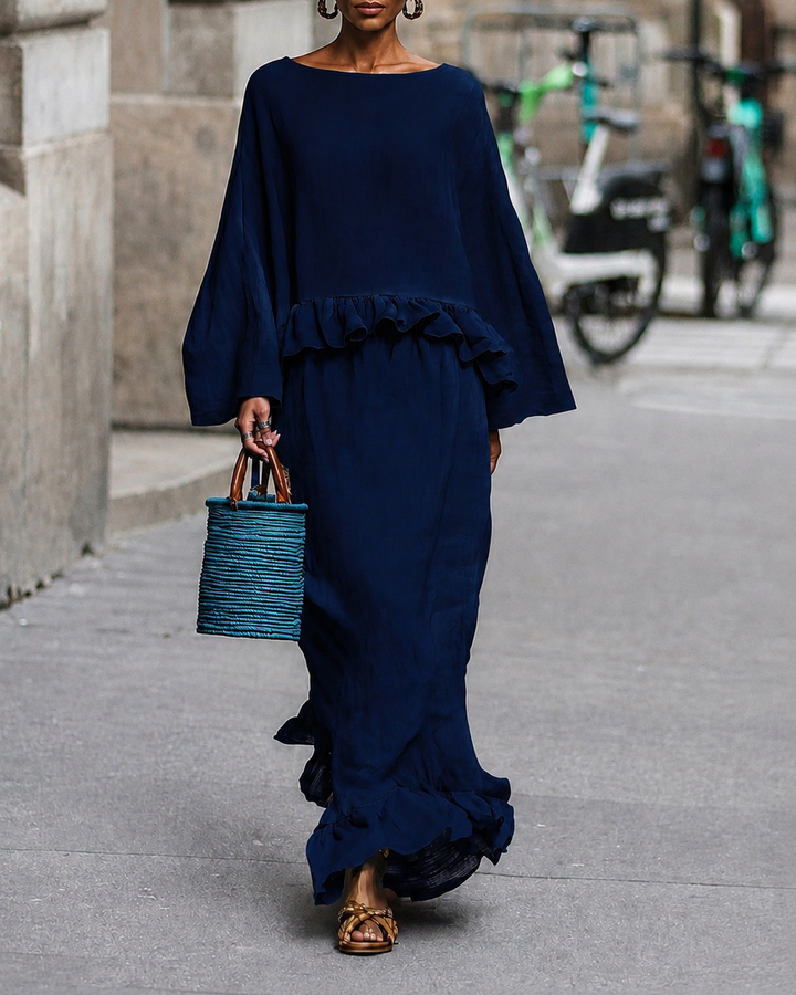 Linen‑Look Ruffle Two‑Piece Set, Boat Neck Bell Sleeve Top & Maxi Skirt