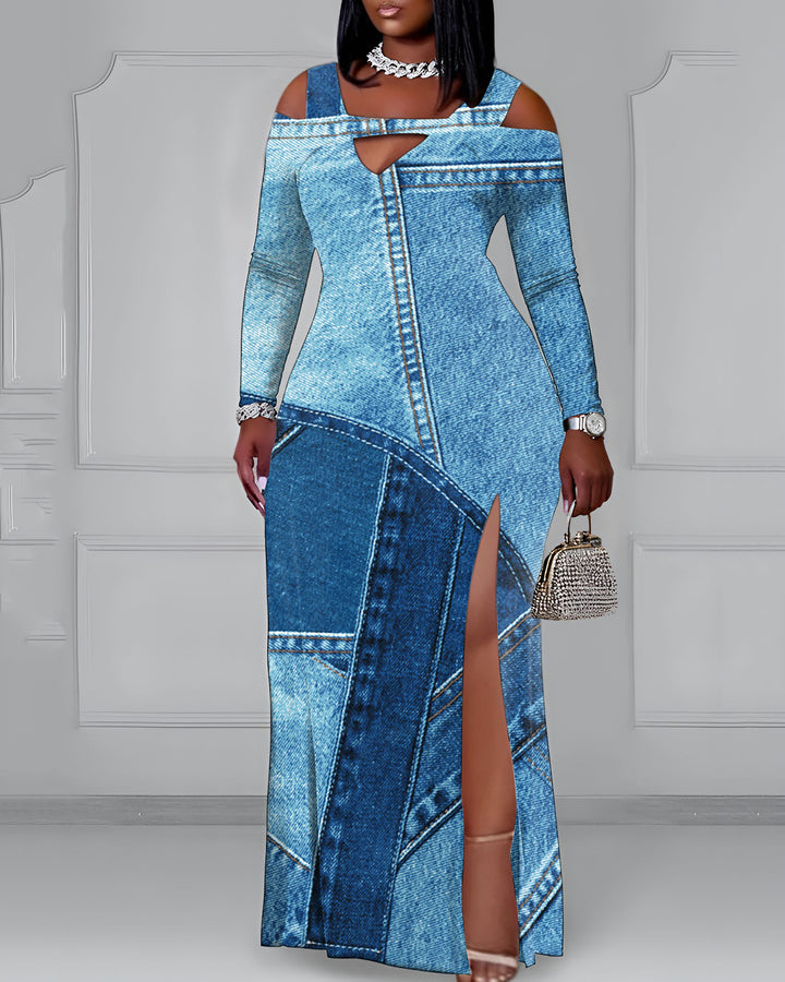 Cutout Off-shoulder V-neck Denim Patch Print Long Sleeve Bodycon Party Dress