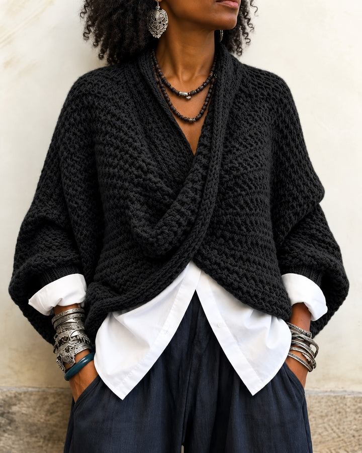 Women Cozy Relaxed Batwing Sleeves Crossover V-neck Sweater