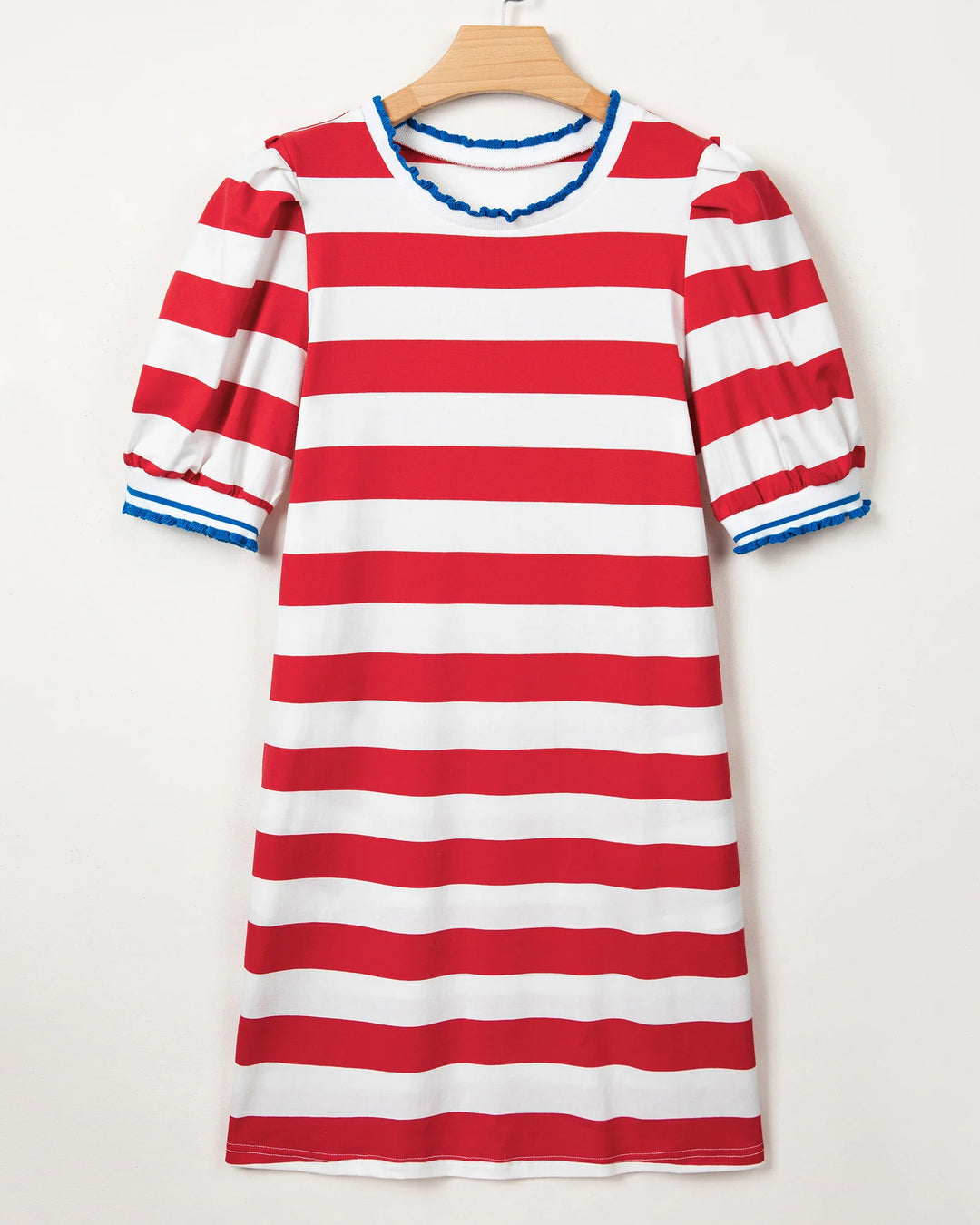 Round Neck Puff Sleeve Minimal Striped Casual Dress