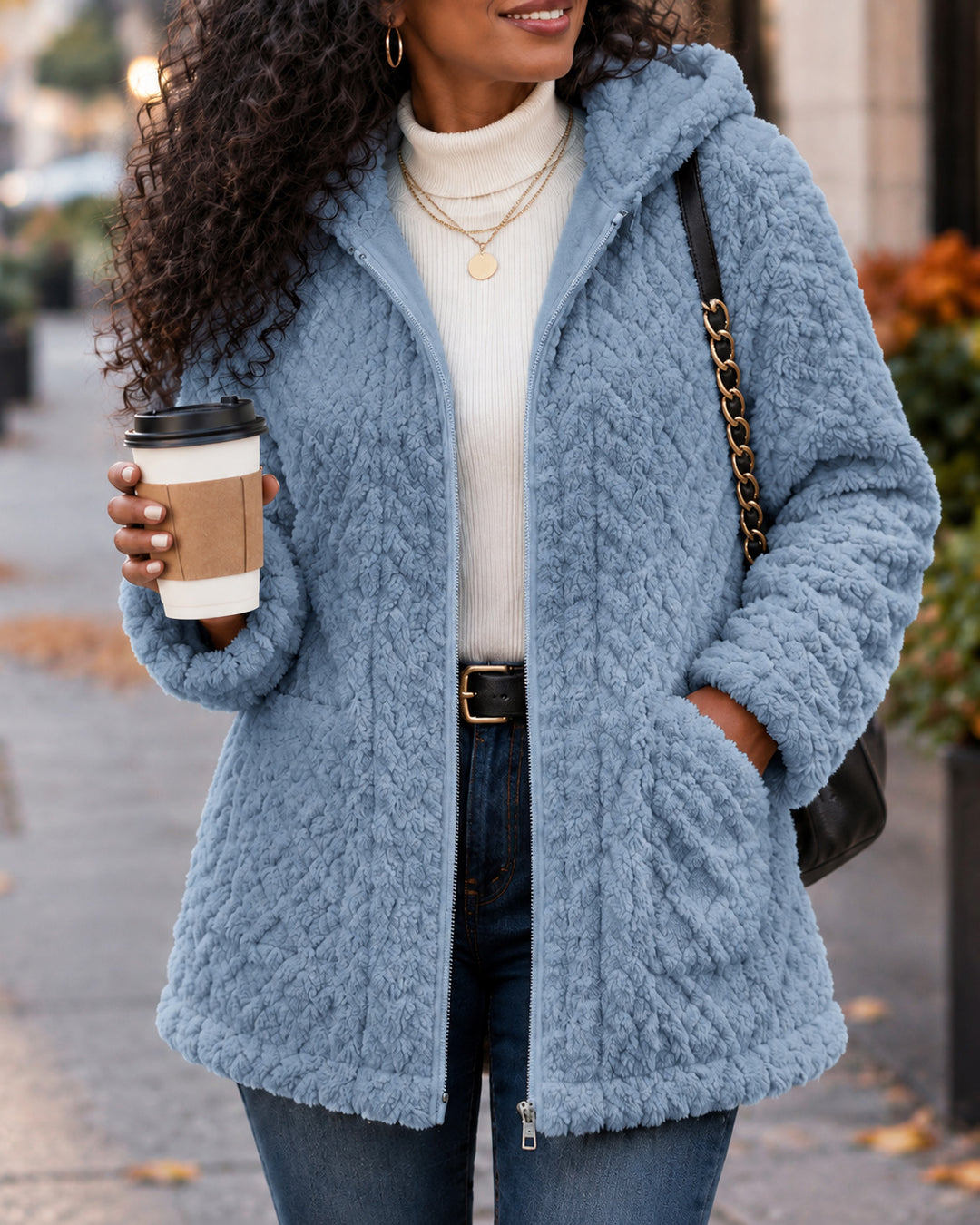 Women's Hooded Sherpa Fleece Full Zip Cable Textured Jacket