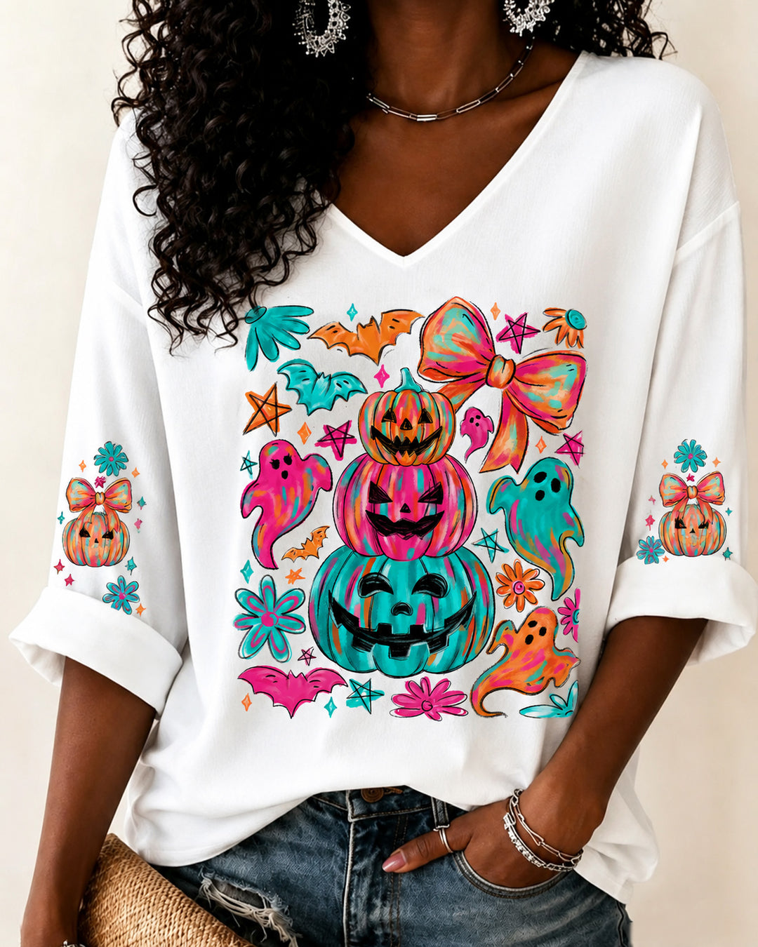 Coquette Halloween Bow Print V-neck Loose T-shirt