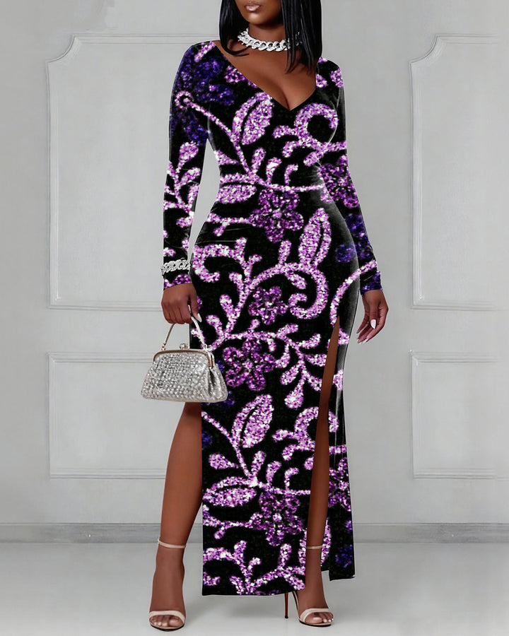V-neck Women's Party Wear Purple Flowers Long Sleeve Bodycon Dress