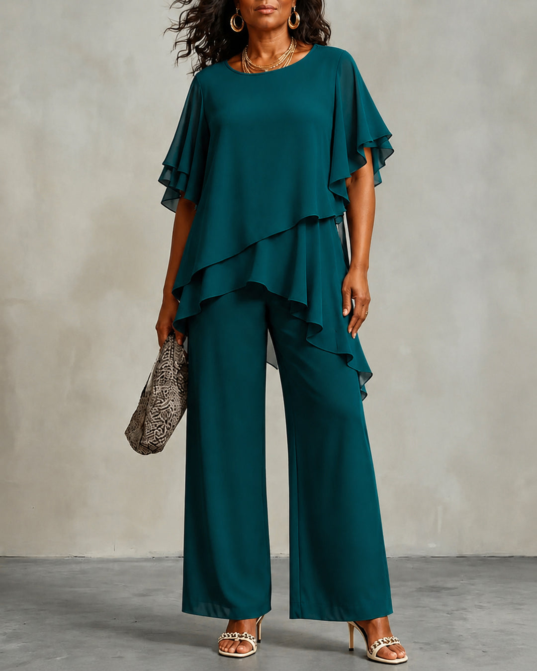 Chiffon Irregular Lace Top and Straight-leg Pants Two-piece Set