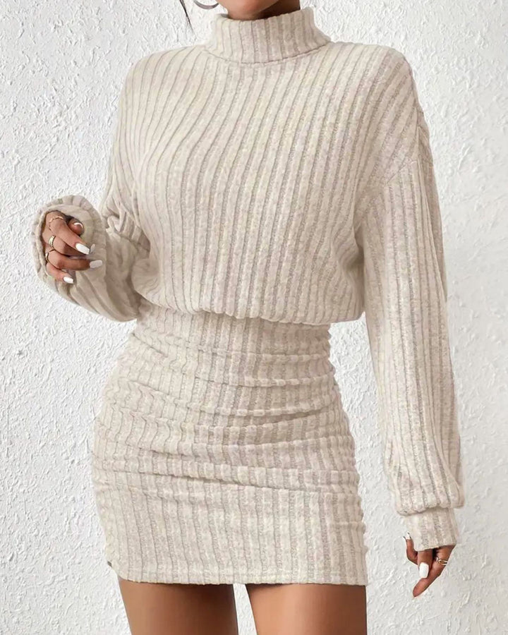 Women's Turtleneck Ribbed Knit Long Sleeve Ruched Mini Dress