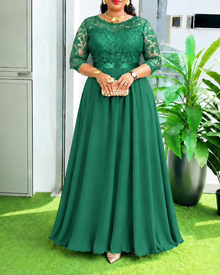 Women Lace Chiffon 3/4 Sleeve Maxi Evening Dress