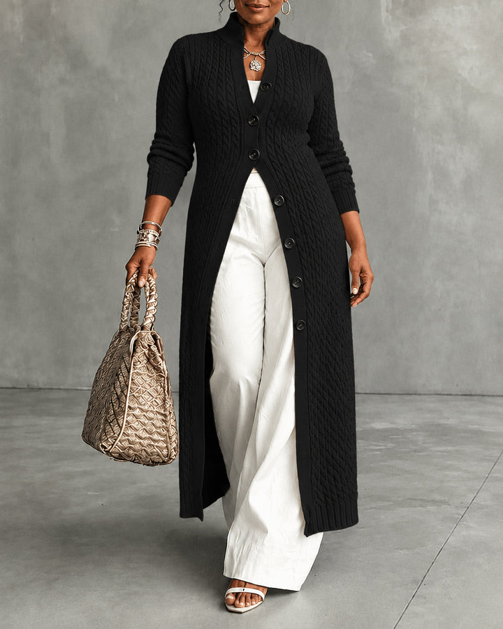 Women's Cable Stand Collar Long Sleeve Button Front Knit Maxi Cardigan