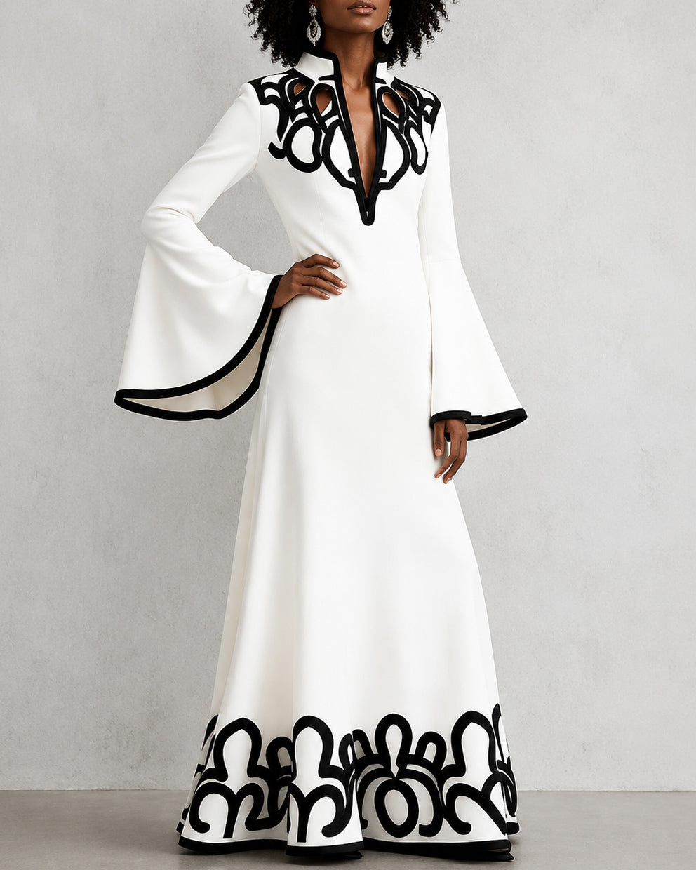 Flared Sleeves Loose Contrast Color Hollow Stand Collar Maxi Dresses