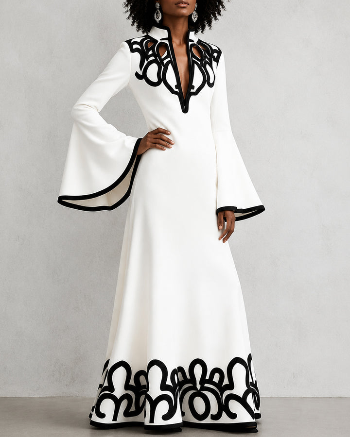 Flared Sleeves Loose Contrast Color Hollow Stand Collar Maxi Dresses