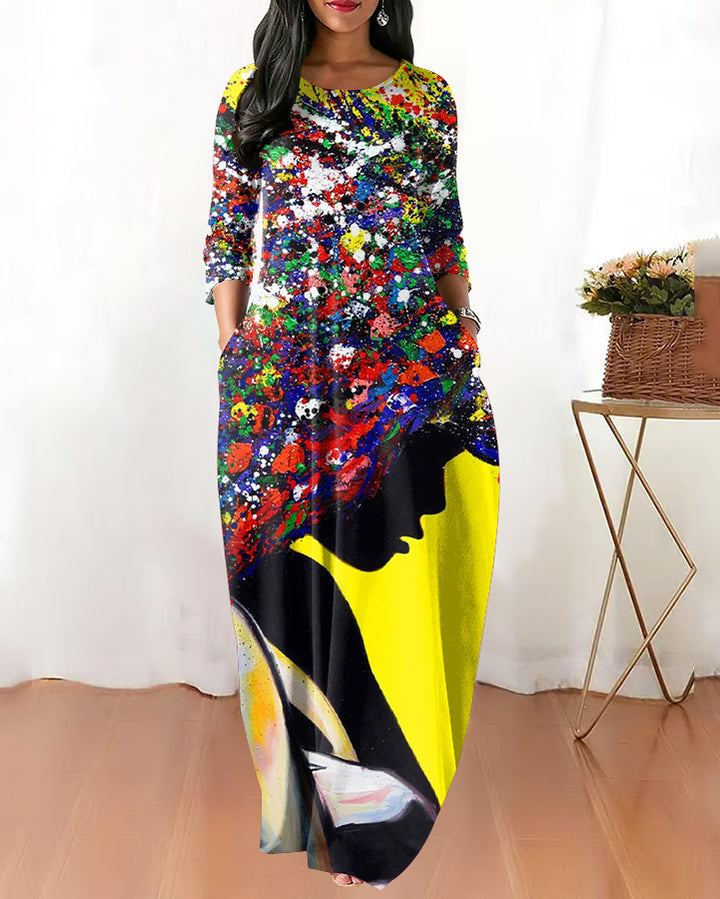 Round Neck Afro Woman Pop Art Long Sleeves Maxi Dress