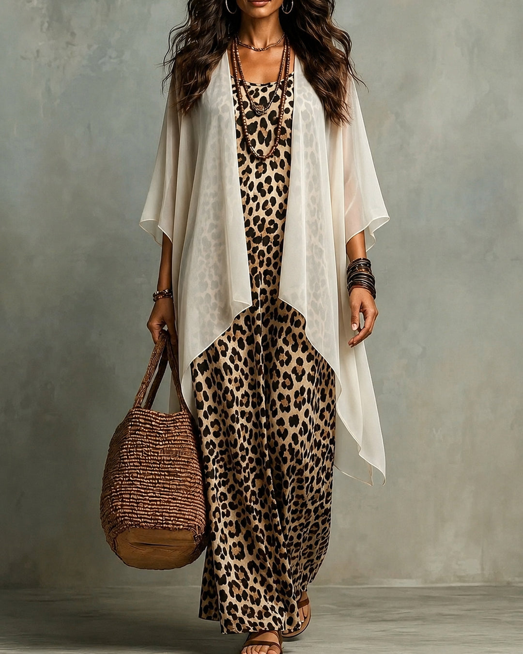 Boho Leopard Print Maxi Dress With Chiffon Kimono 2‑Piece Outfit