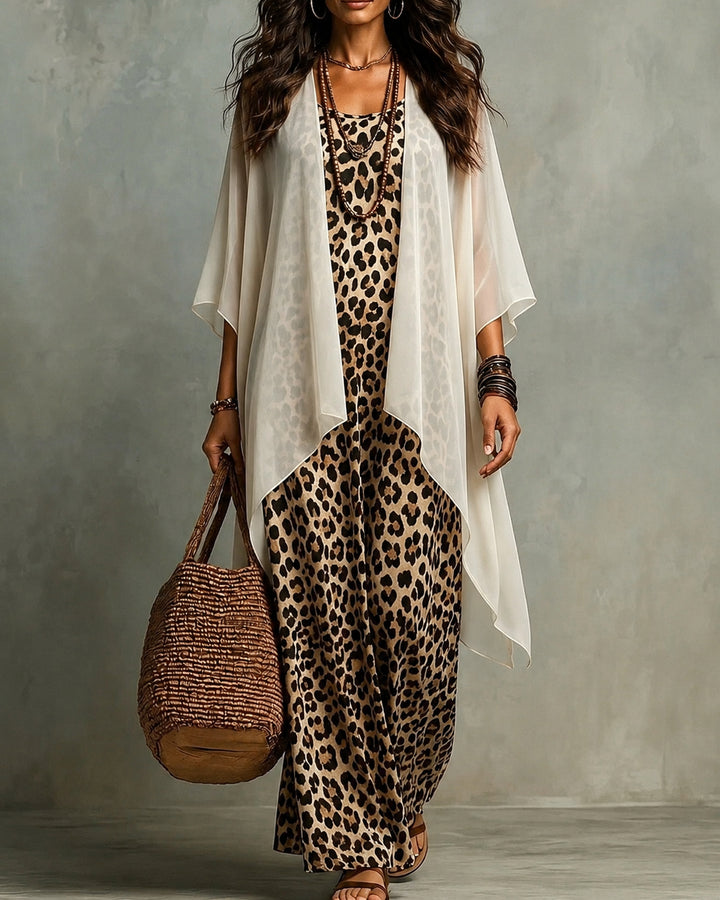 Boho Leopard Print Maxi Dress With Chiffon Kimono 2‑Piece Outfit