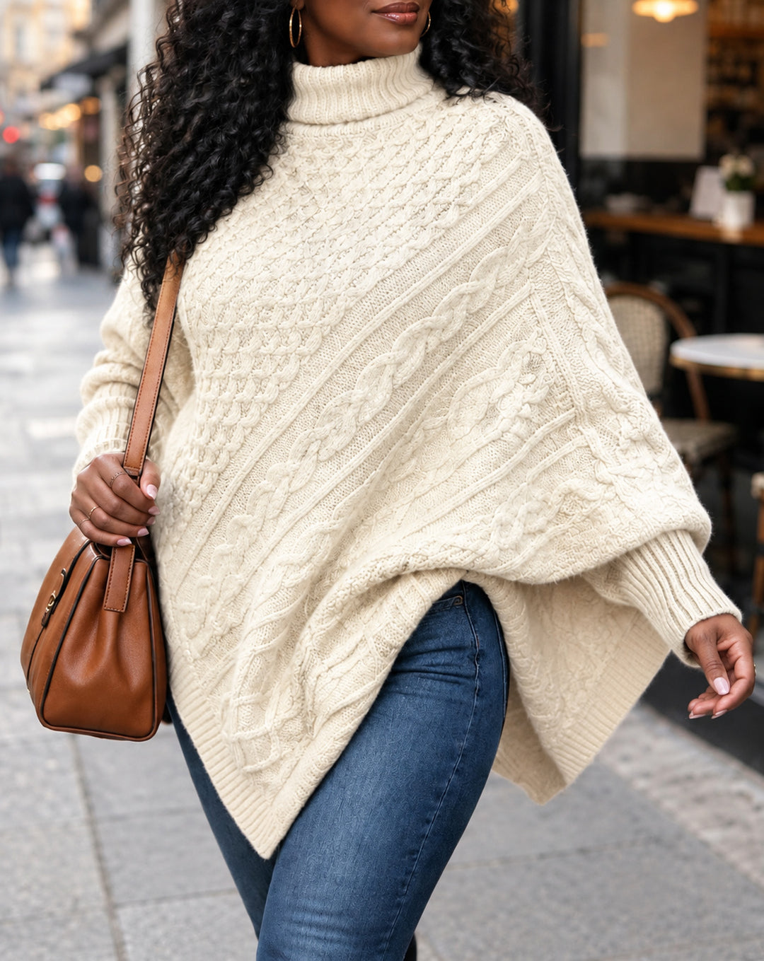 Turtleneck Batwing Sleeve Asymmetric Hem Chunky Knit Pullover