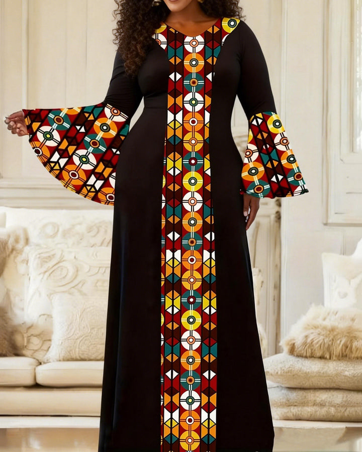 Women'S Elegant Bell-Sleeve Color-Block Ethnic Print Fitted Dress