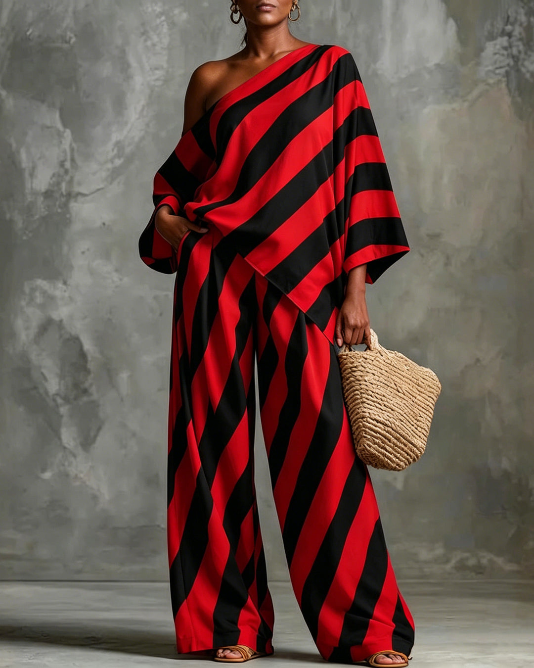 Vintage Striped Print Loose Top and Wide-leg Pants Set