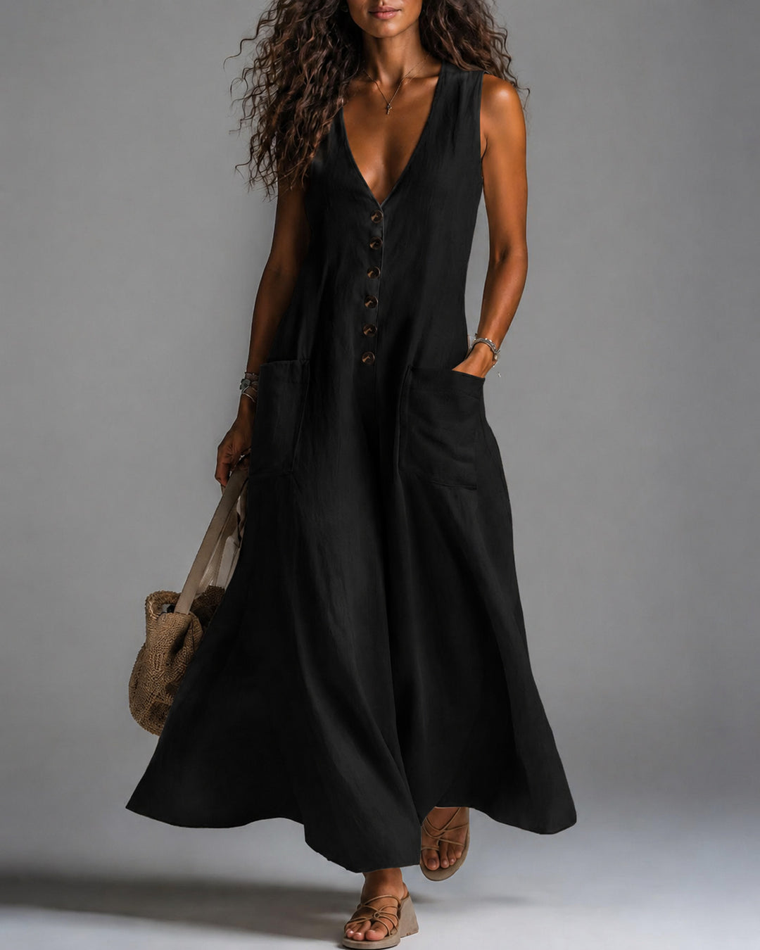 Deep V-neck Solid Color Pocket Cotton Linen Casual Dress