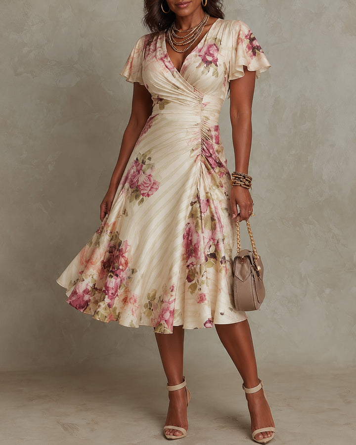 Women's Floral Print Overlap V-Neck Ruffle Short Sleeve Midi Dress