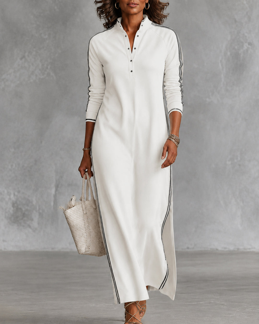 Stand-up Collar Button-down Long-sleeved Side Striped Dress