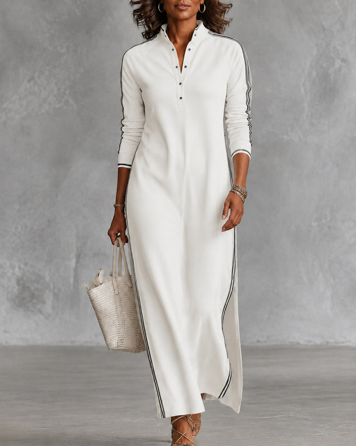 Stand-up Collar Button-down Long-sleeved Side Striped Dress