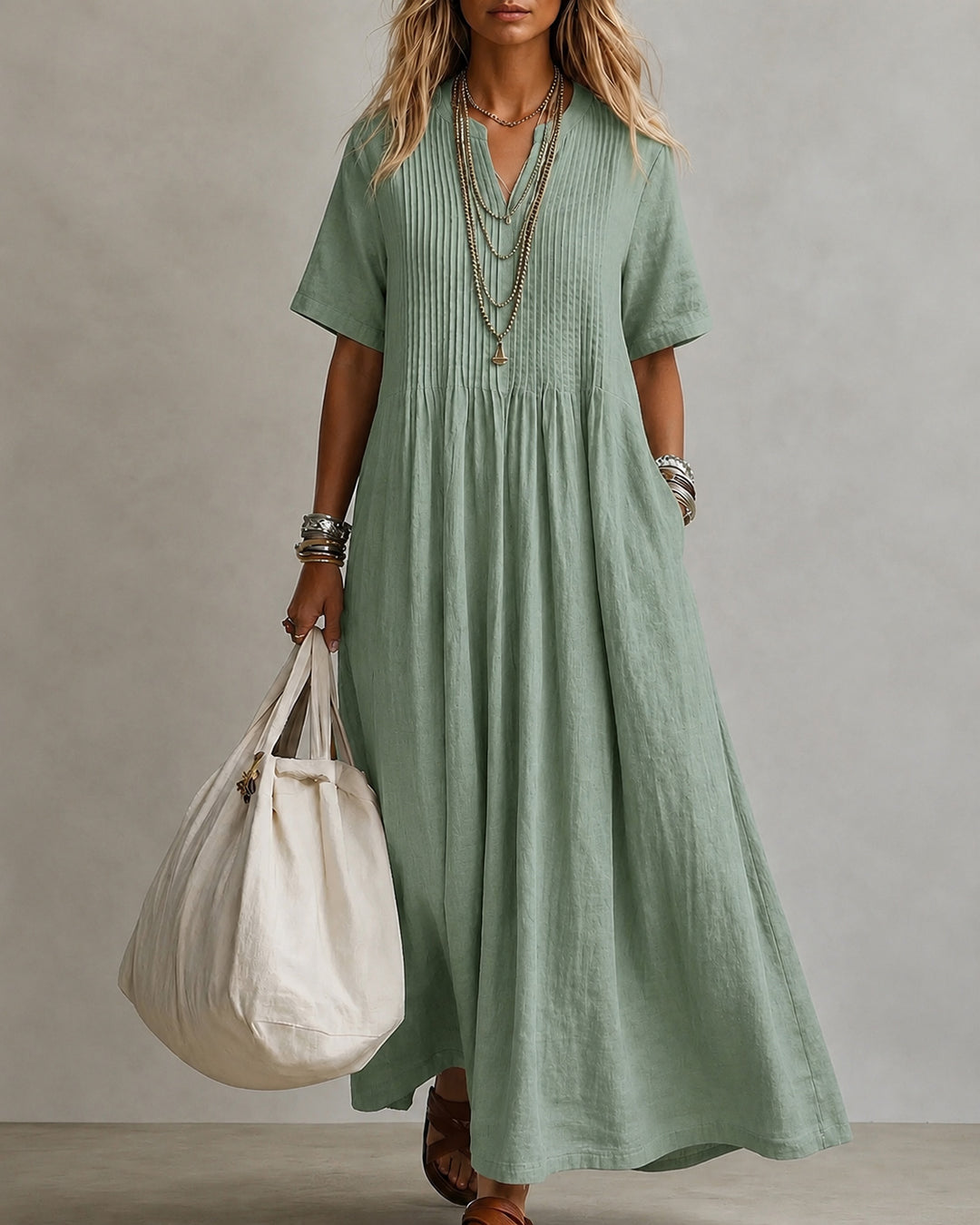 Loose V-neck Short-sleeved Pleated Cotton-linen Dress