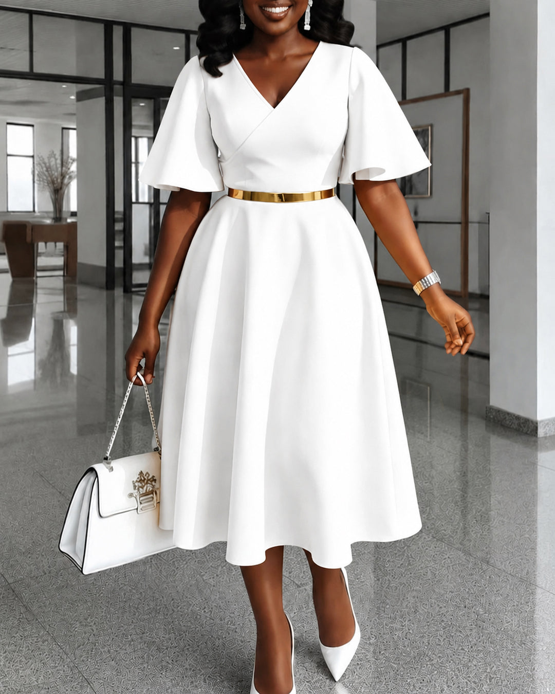 V-Neck Flared Sleeve Midi Swing Dress