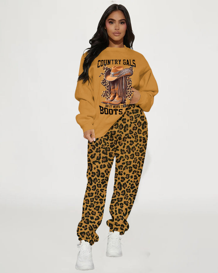 Country Gals Leopard Print Crew Neck Sweatshirt Two Pieces Set